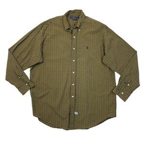 Ralph Lauren Shirt Mens L Large Grellow Navy Blue Plaid Cotton Button Down Dress